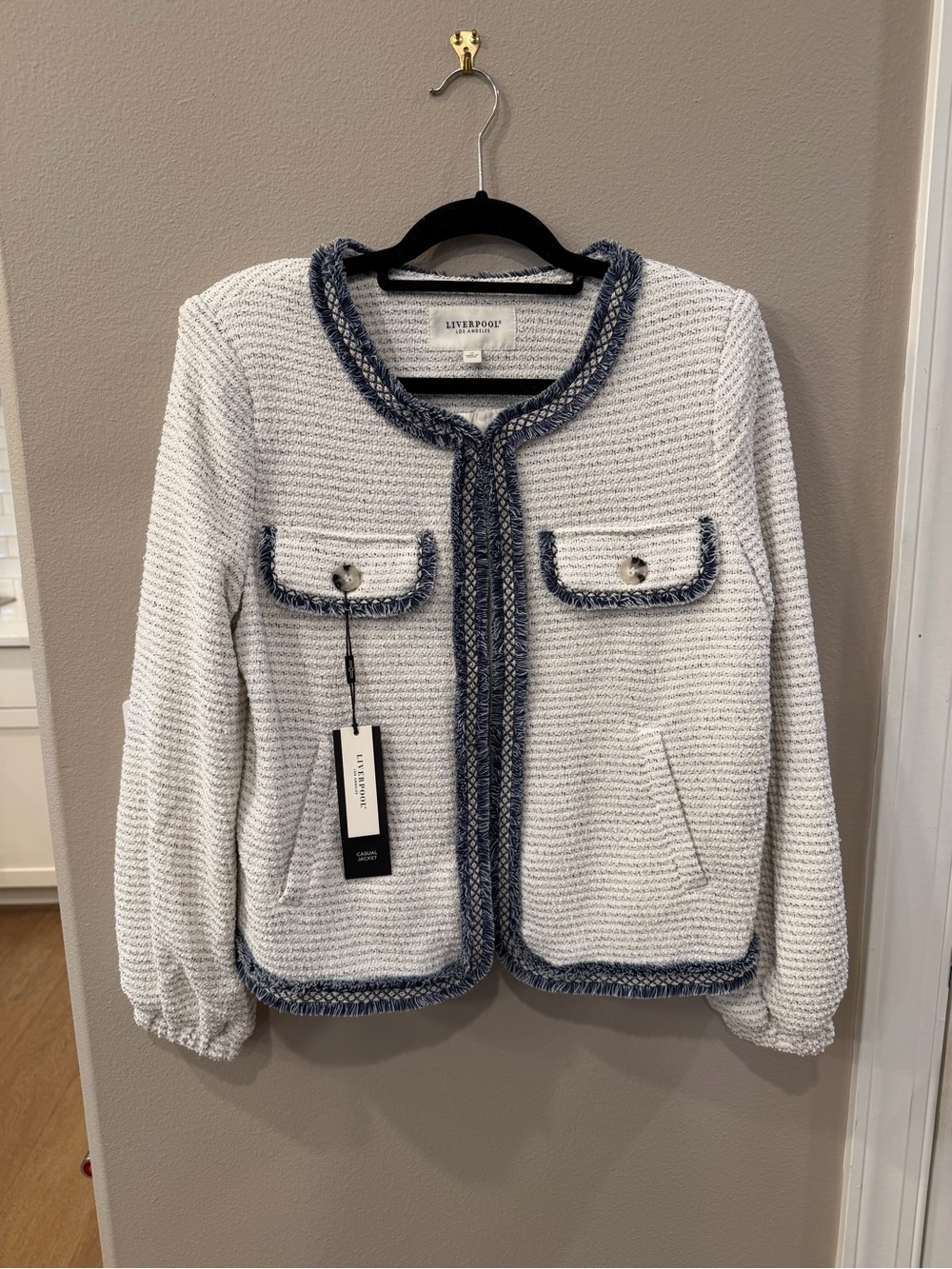 Liverpool White and Navy Fringe Trim Bouclé Jacket Sweater NWT Size M